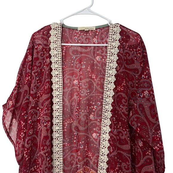 Rewind Women Red-Pink Paisley Crochet Trim Kimono Cardigan SZ XL Coverup Beach - Picture 2 of 8